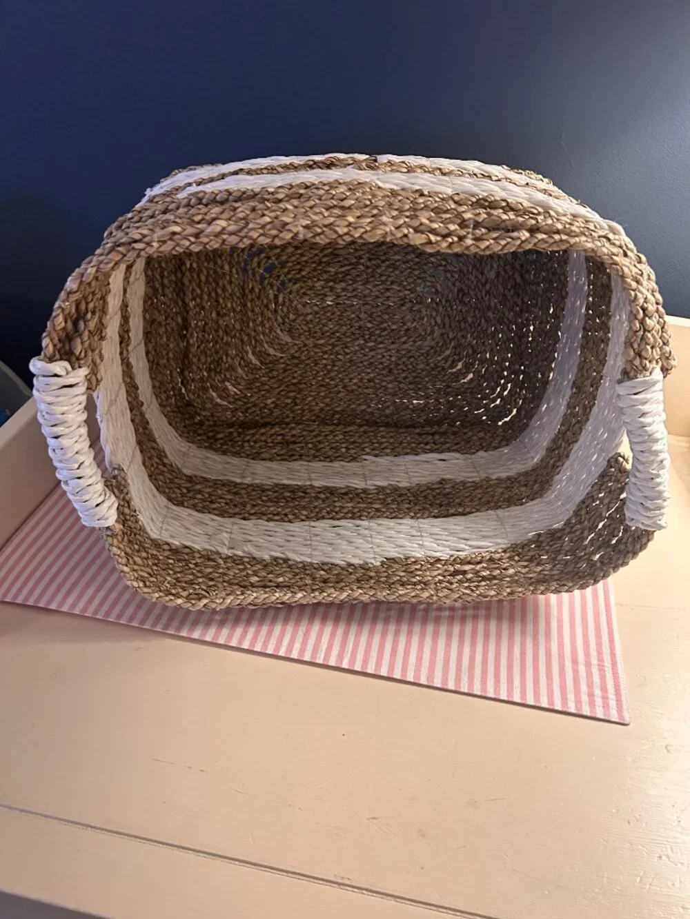 Rattan White and Tan Striped Basket With Handles